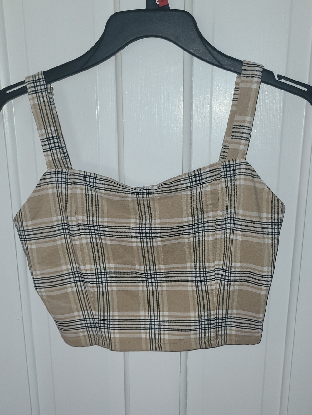 Plaid Square-Neck Crop Top in Beige And Black. Size Small.